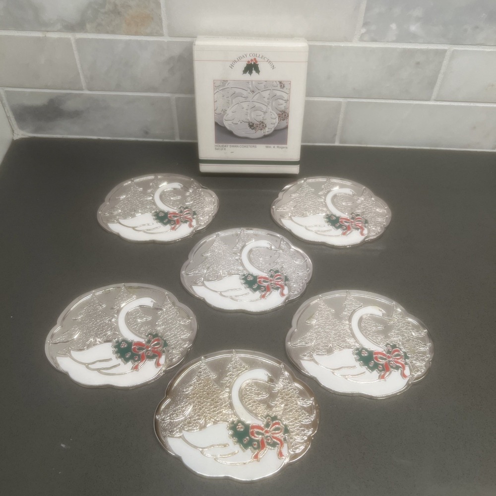 Set Of 6 Holiday Swan Coasters 'Em A Rogers Silver Plate/enamel Original Box